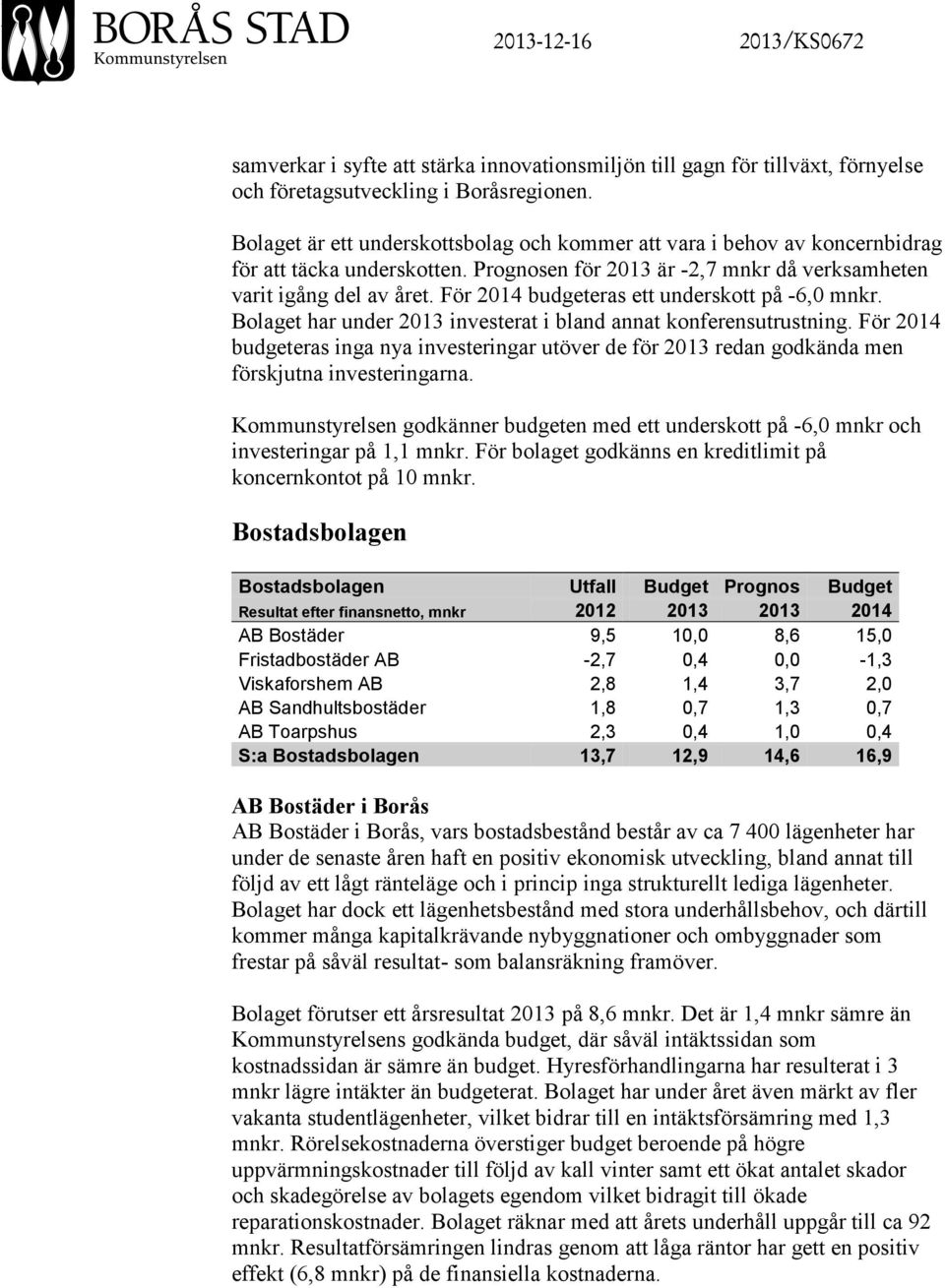 För 2014 budgeteras ett underskott på -6,0 mnkr. Bolaget har under 2013 investerat i bland annat konferensutrustning.