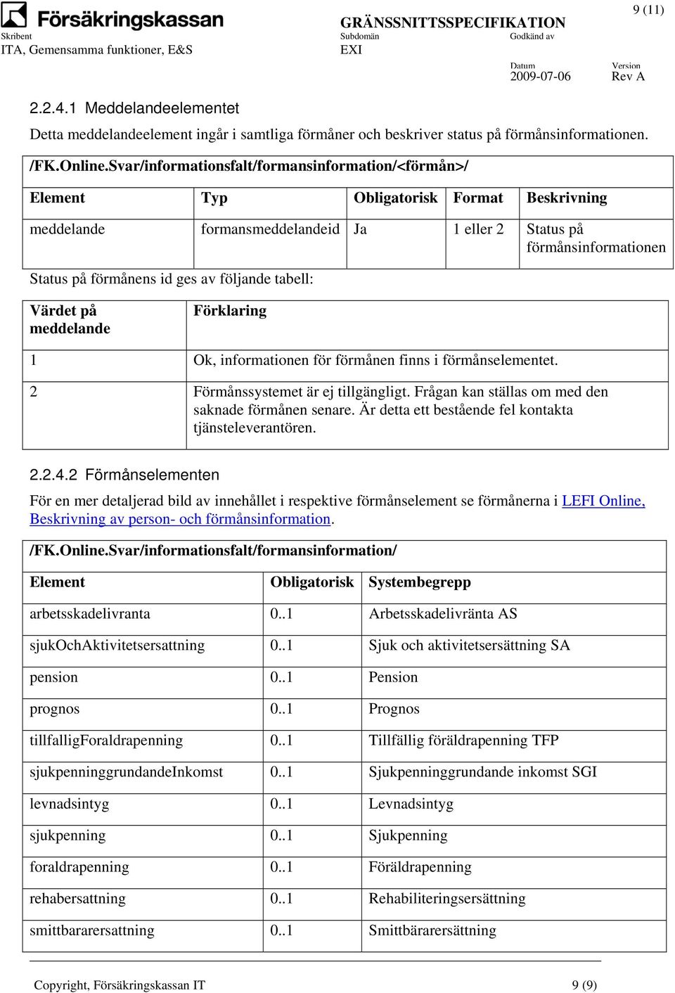 följande tabell: 9 (11) Värdet på meddelande Förklaring 1 Ok, informationen för förmånen finns i förmånselementet. 2 Förmånssystemet är ej tillgängligt.