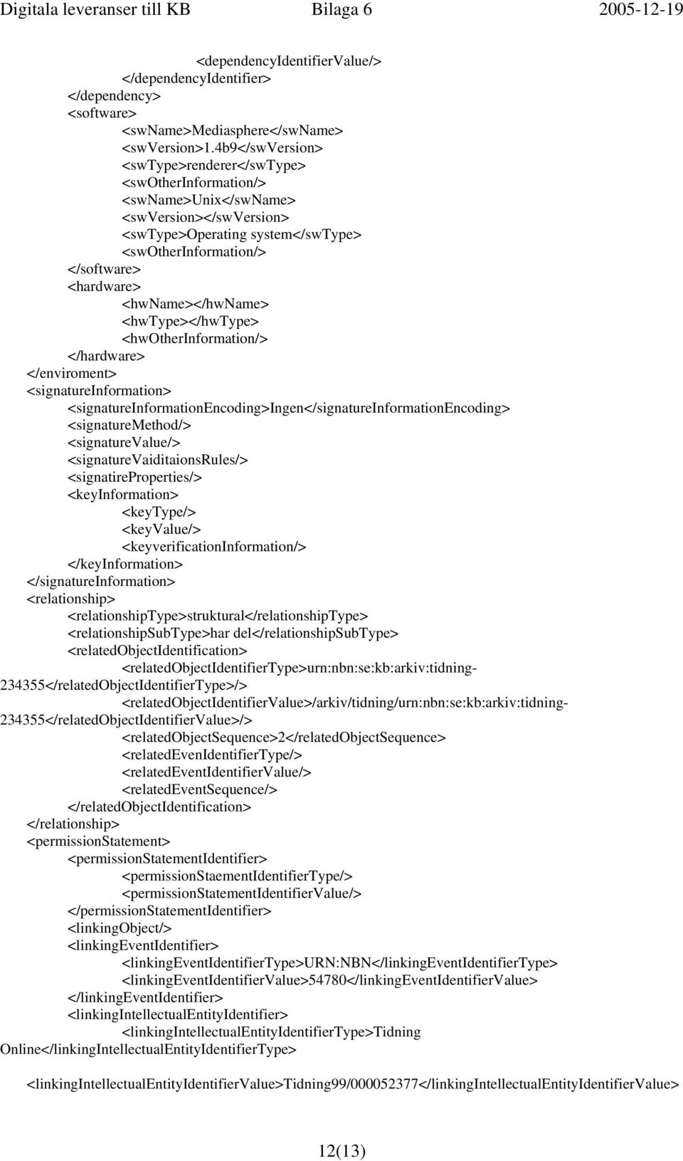 <hwname></hwname> <hwtype></hwtype> <hwotherinformation/> </hardware> </enviroment> <signatureinformation> <signatureinformationencoding>ingen</signatureinformationencoding> <signaturemethod/>