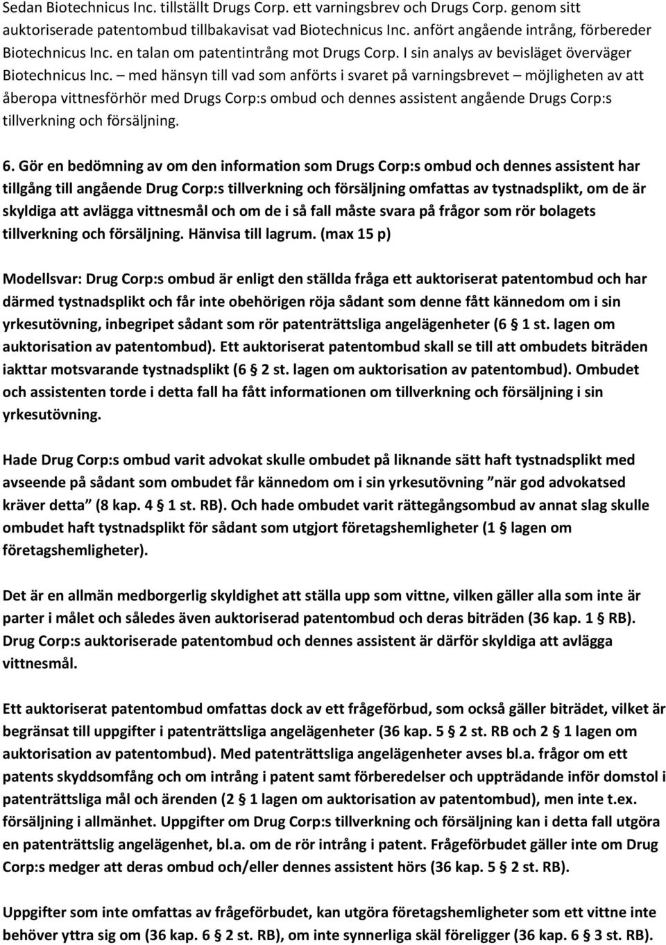 med hänsyn till vad som anförts i svaret på varningsbrevet möjligheten av att åberopa vittnesförhör med Drugs Corp:s ombud och dennes assistent angående Drugs Corp:s tillverkning och försäljning. 6.