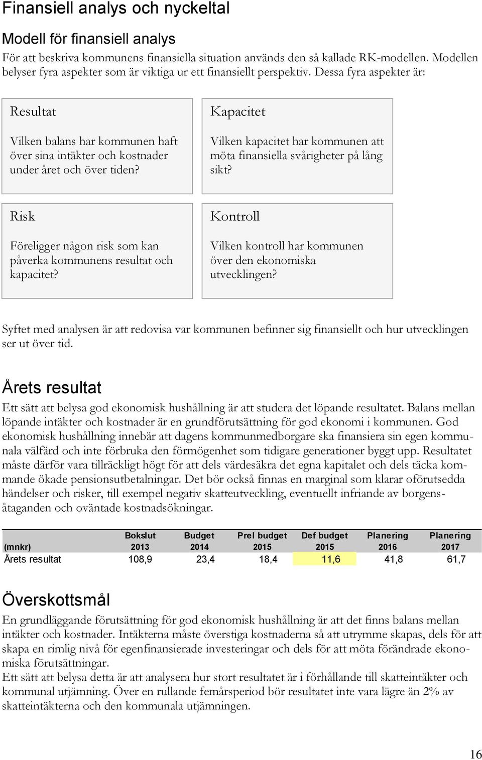 Dessa fyra aspekter är: Resultat Vilken balans har kommunen haft över sina intäkter och kostnader under året och över tiden?