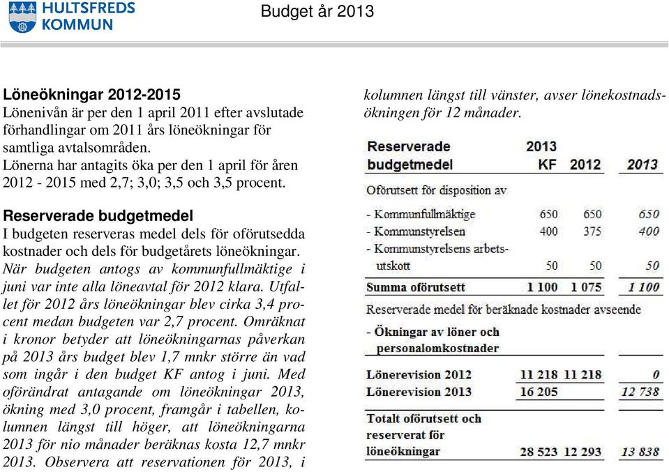 Reserverade budgetmedel I budgeten reserveras medel dels för oförutsedda kostnader och dels för budgetårets löneökningar.