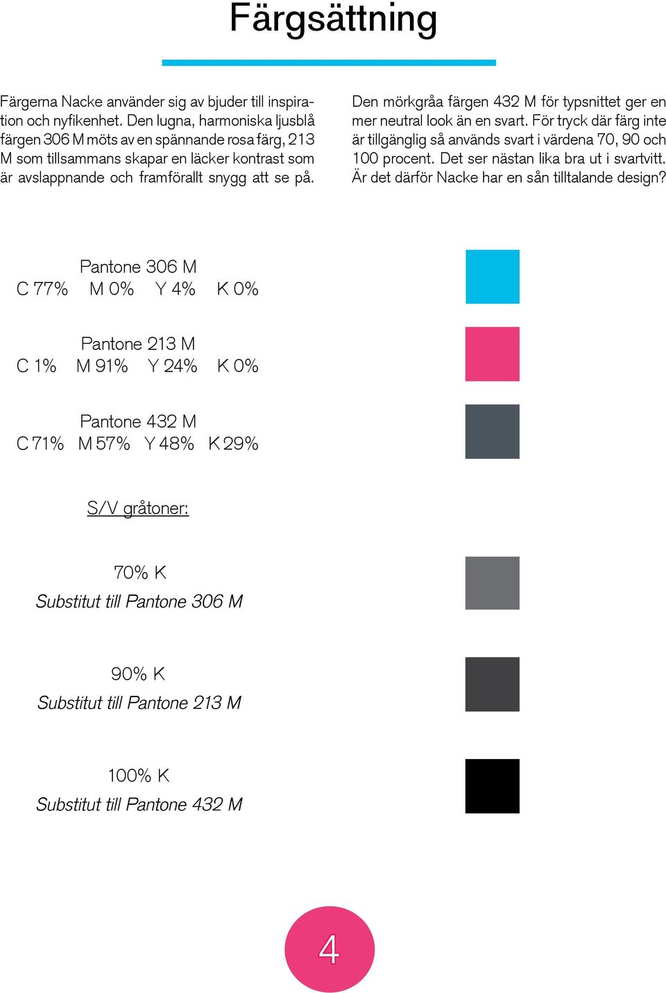 Den mörkgråa färgen 432 M för typsnittet ger en mer neutral look än en svart. För tryck där färg inte är tillgänglig så används svart i värdena 70, 90 och 100 procent.