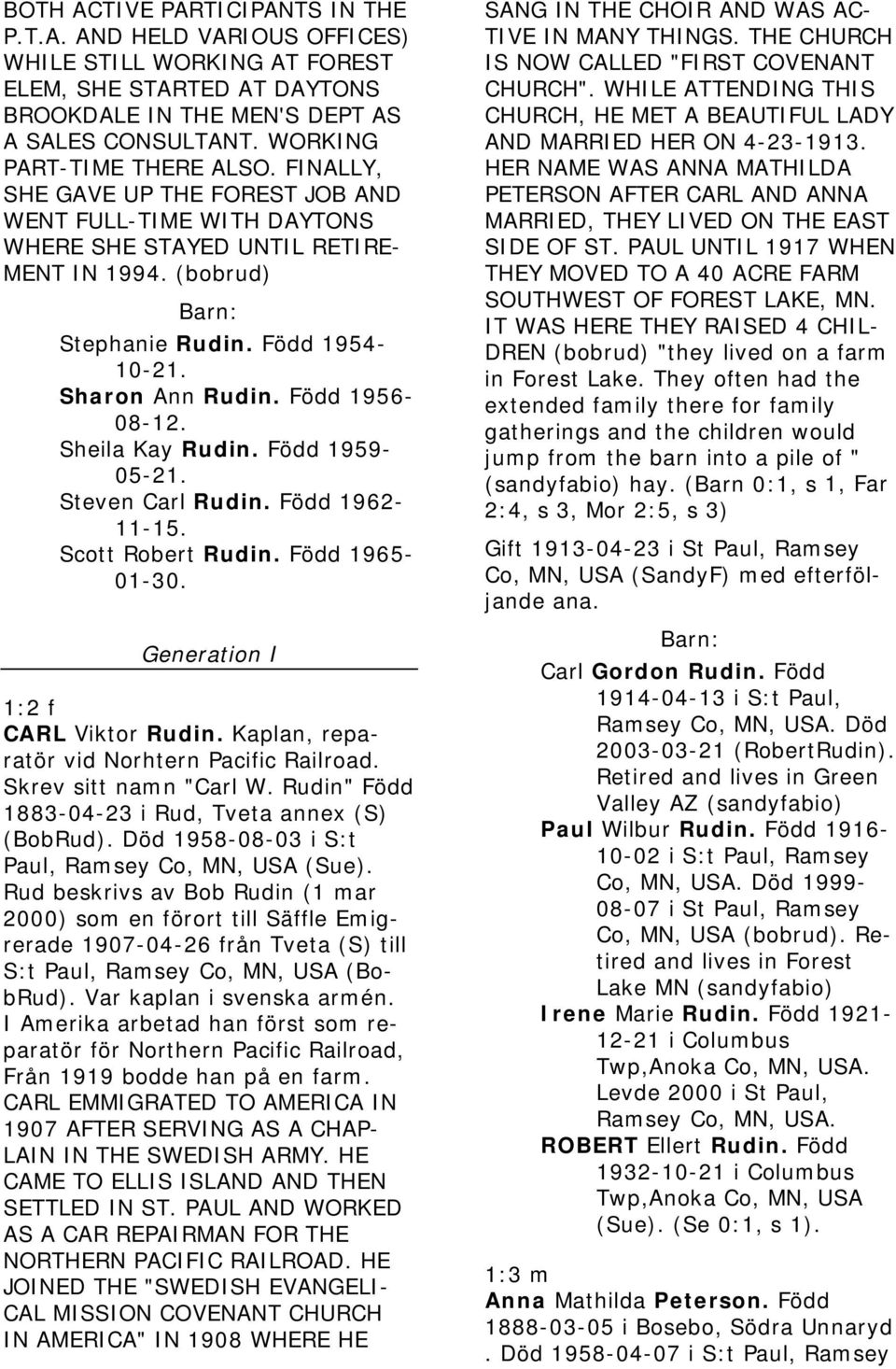 Sharon Ann Rudin. Född 1956-08-12. Sheila Kay Rudin. Född 1959-05-21. Steven Carl Rudin. Född 1962-11-15. Scott Robert Rudin. Född 1965-01-30. Generation I 1:2 f CARL Viktor Rudin.