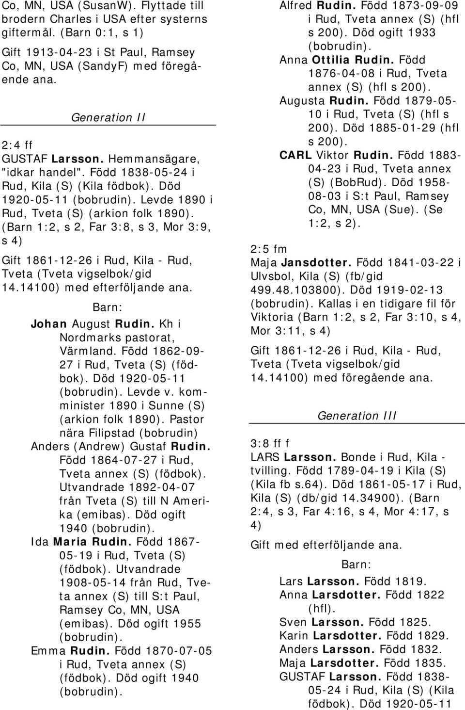 Död 1920-05-11 (bobrudin). Levde 1890 i Rud, Tveta (S) (arkion folk 1890). (Barn 1:2, s 2, Far 3:8, s 3, Mor 3:9, s 4) Gift 1861-12-26 i Rud, Kila - Rud, Tveta (Tveta vigselbok/gid 14.