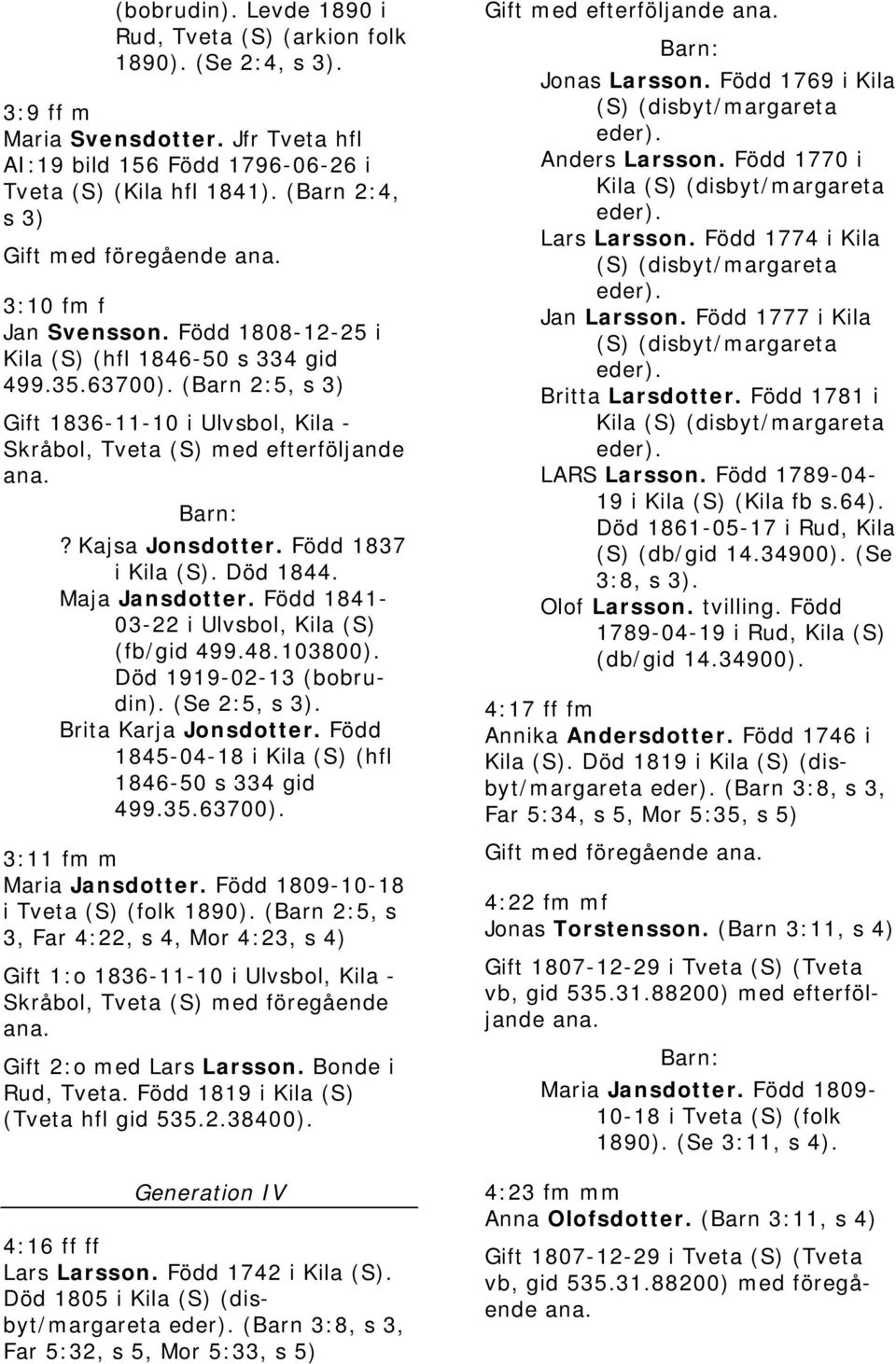 (Barn 2:5, s 3) Gift 1836-11-10 i Ulvsbol, Kila - Skråbol, Tveta (S) med efterföljande? Kajsa Jonsdotter. Född 1837 i Kila (S). Död 1844. Maja Jansdotter.