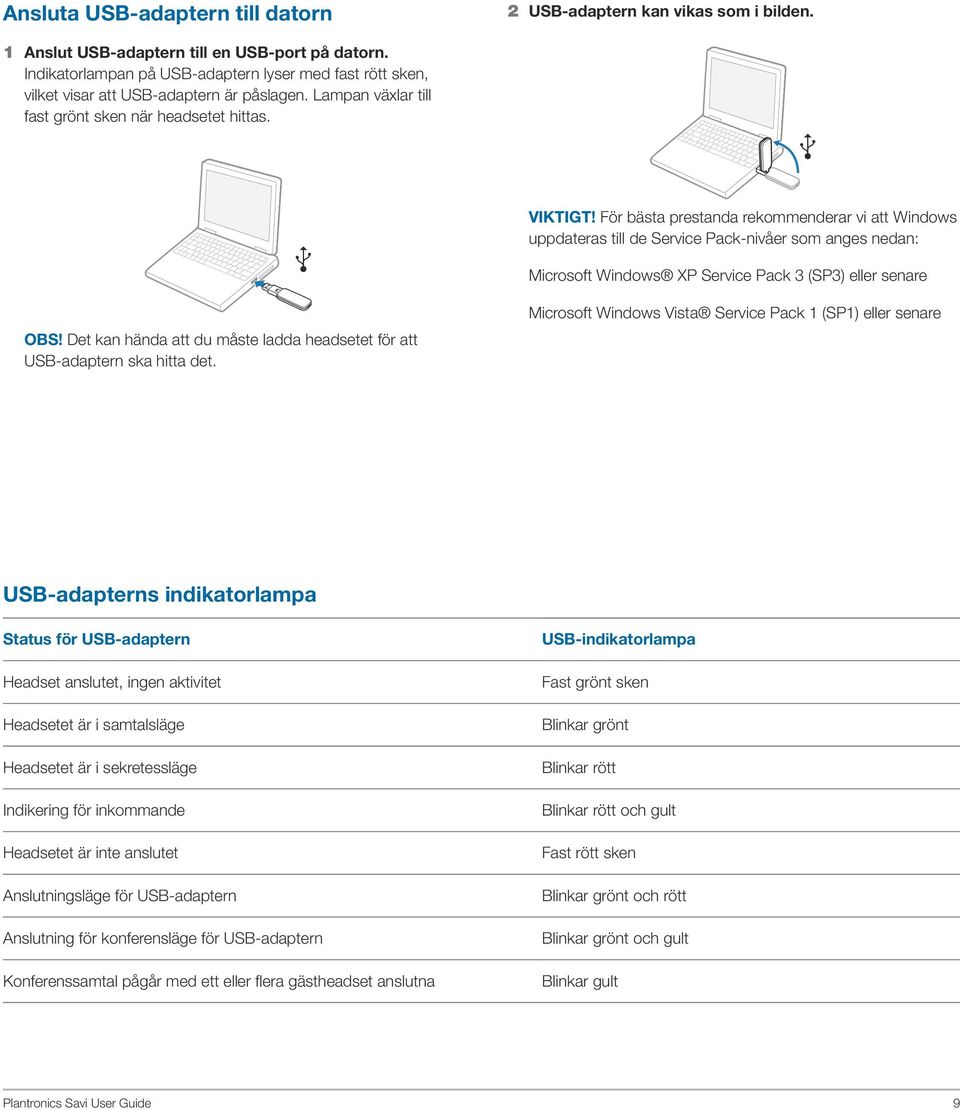 För bästa prestanda rekommenderar vi att Windows uppdateras till de Service Pack-nivåer som anges nedan: Microsoft Windows XP Service Pack 3 (SP3) eller senare OBS!