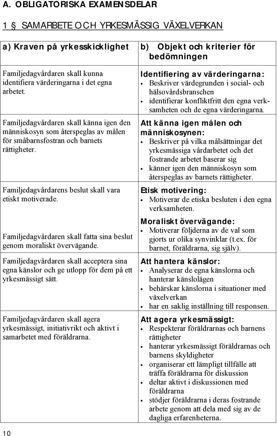 Familjedagvårdaren skall fatta sina beslut genom moraliskt övervägande. Familjedagvårdaren skall acceptera sina egna känslor och ge utlopp för dem på ett yrkesmässigt sätt.