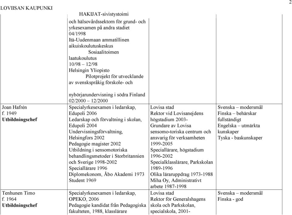 1964 Utbildningschef nybörjarundervisning i södra Finland 02/2000 12/2000 Specialyrkesexamen i ledarskap, Edupoli 2006 Ledarskap och förvaltning i skolan, Edupoli 2004 Undervisningsförvaltning,