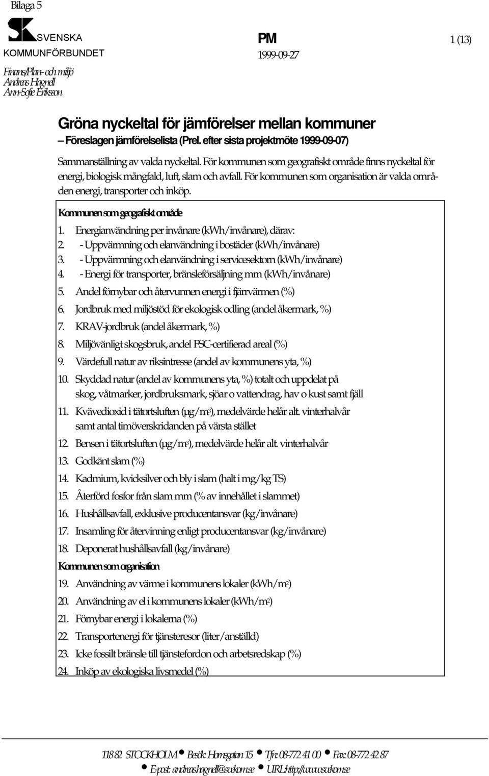 För kommunen som organisation är valda områden energi, transporter och inköp. Kommunen som geografiskt område 1. Energianvändning per invånare (kwh/invånare), därav: 2.