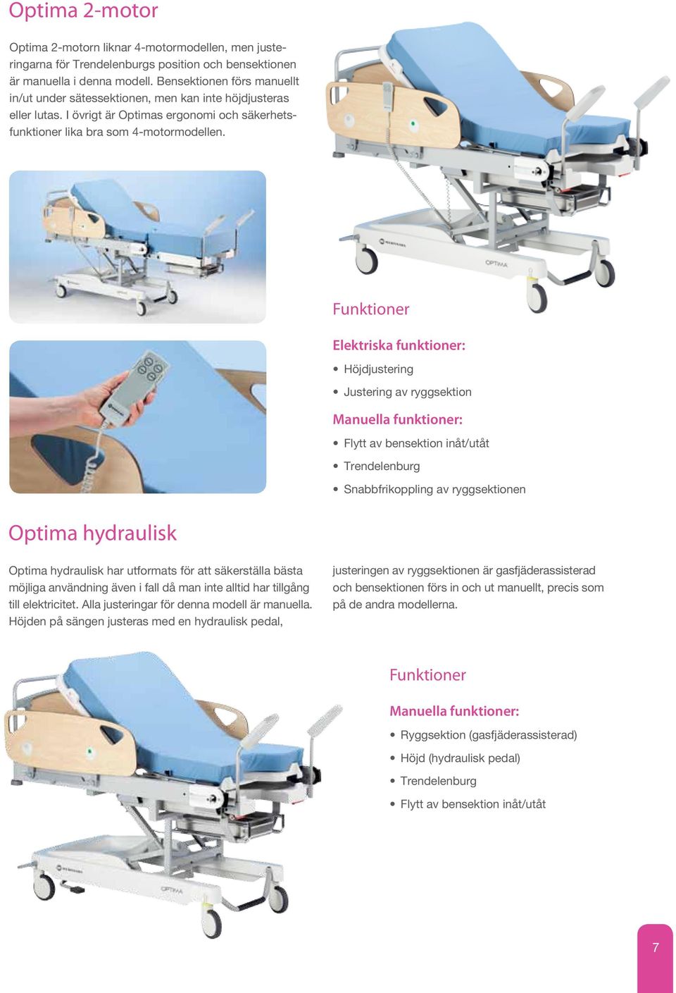 Funktioner Elektriska funktioner: Höjdjustering Justering av ryggsektion Manuella funktioner: Flytt av bensektion inåt/utåt Trendelenburg Snabbfrikoppling av ryggsektionen Optima hydraulisk Optima