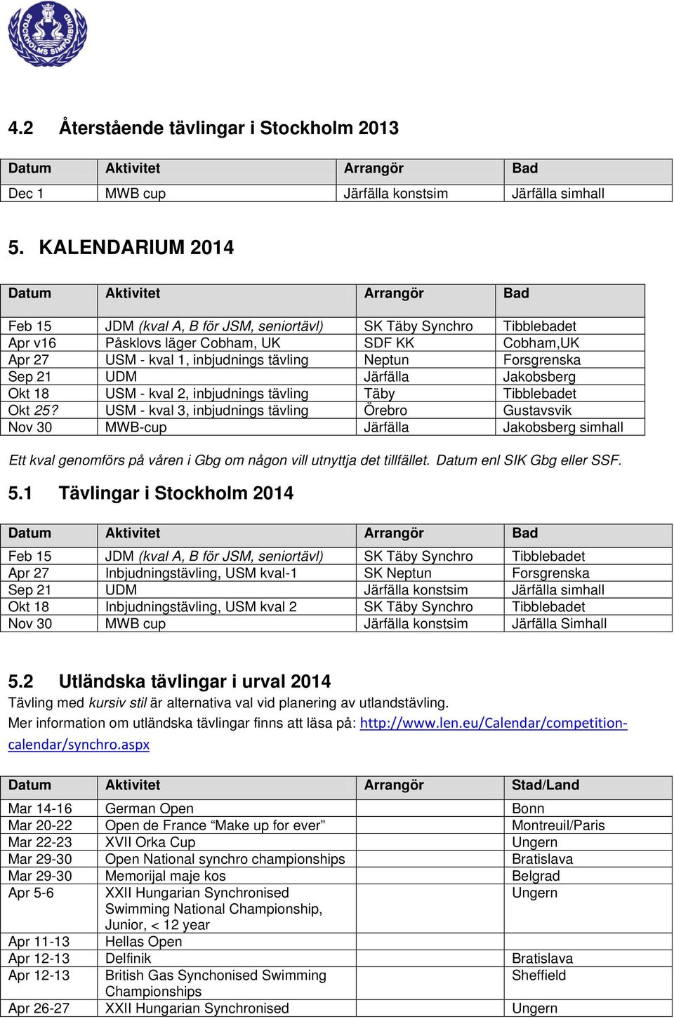 Sep 21 UDM Järfälla Jakobsberg Okt 18 USM - kval 2, inbjudnings tävling Täby Tibblebadet Okt 25?