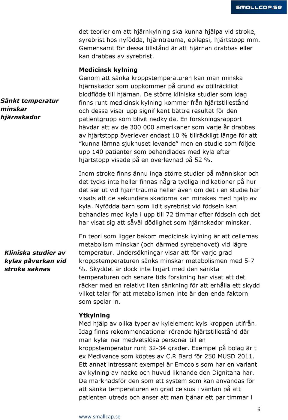 Sänkt temperatur minskar hjärnskador Medicinsk kylning Genom att sänka kroppstemperaturen kan man minska hjärnskador som uppkommer på grund av otillräckligt blodflöde till hjärnan.