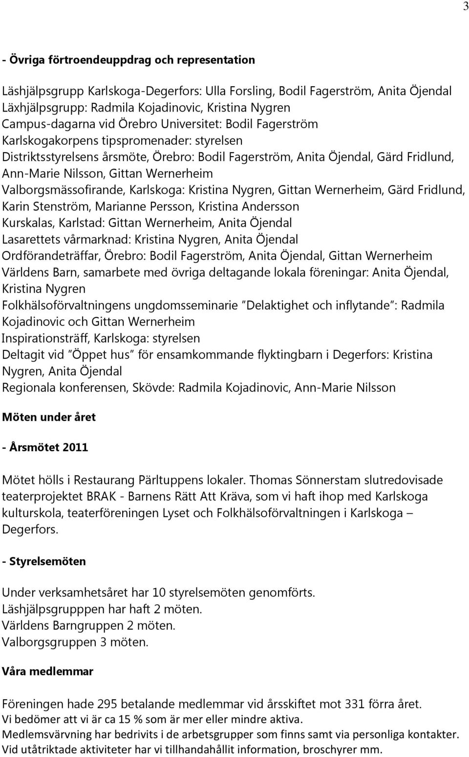 Wernerheim Valborgsmässofirande, Karlskoga: Kristina Nygren, Gittan Wernerheim, Gärd Fridlund, Karin Stenström, Marianne Persson, Kristina Andersson Kurskalas, Karlstad: Gittan Wernerheim, Anita