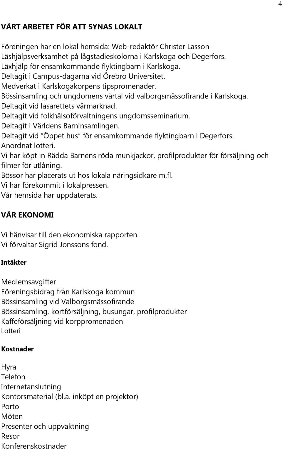 Bössinsamling och ungdomens vårtal vid valborgsmässofirande i Karlskoga. Deltagit vid lasarettets vårmarknad. Deltagit vid folkhälsoförvaltningens ungdomsseminarium.