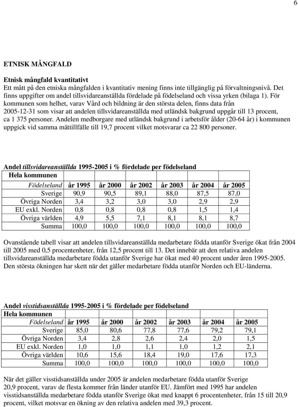 För kommunen som helhet, varav Vård och bildning är den största delen, finns data från 2005-12-31 som visar att andelen tillsvidareanställda med utländsk bakgrund uppgår till 13 procent, ca 1 375