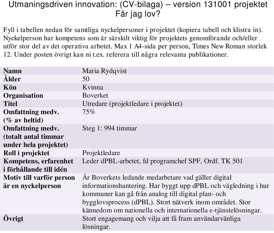 Under posten övrigt kan ni t.ex. referera till några relevanta publikationer. Namn Maria Rydqvist Ålder 50 Kön Kvinna Organisation Boverket Titel Utredare (projektledare i projektet) Omfattning medv.