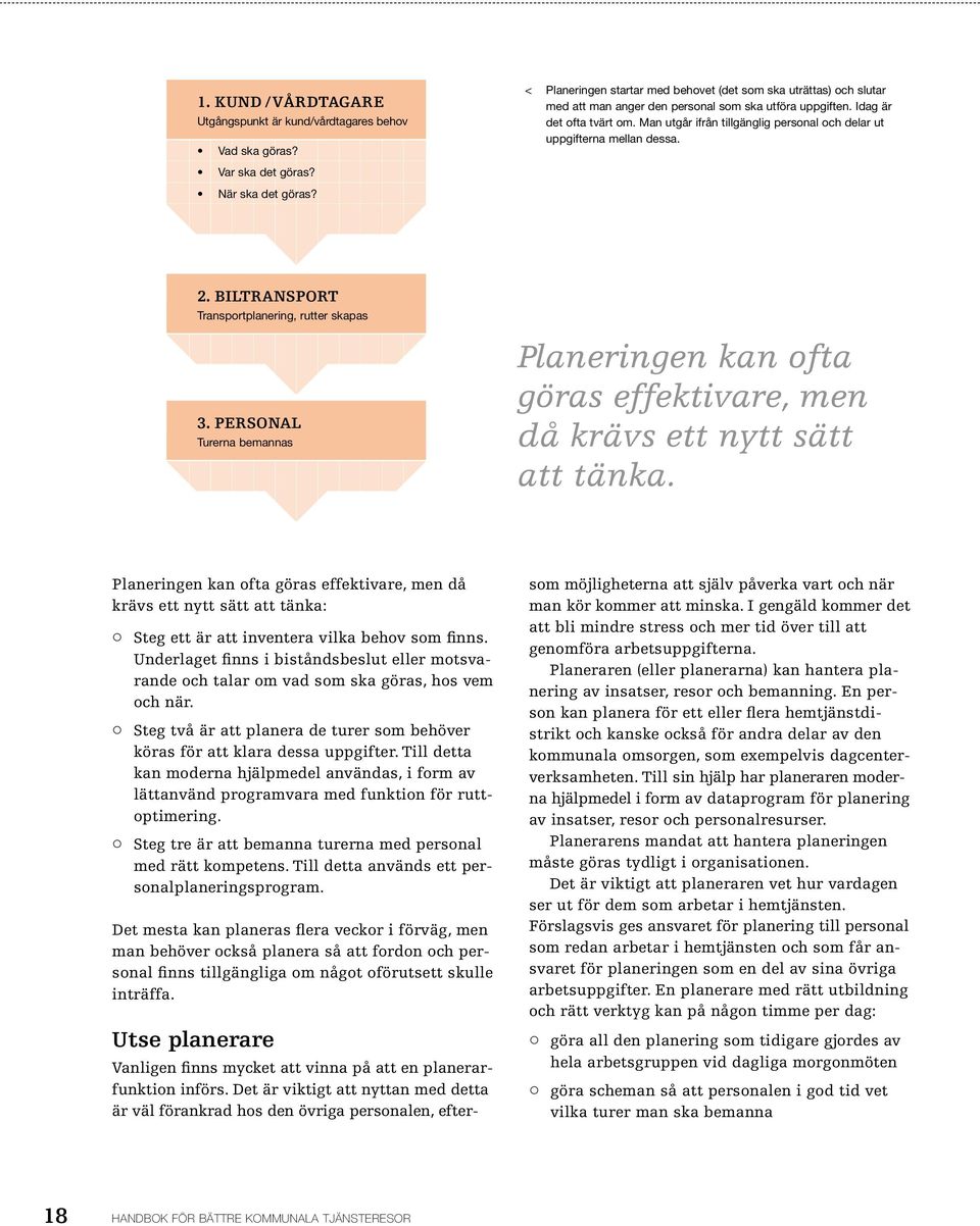 Man utgår ifrån tillgänglig personal och delar ut uppgifterna mellan dessa. 2. BILTRANSPORT Transportplanering, rutter skapas 3.