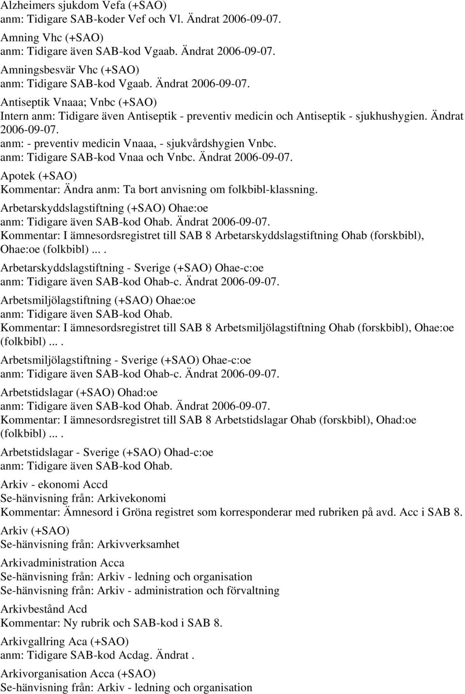 anm: - preventiv medicin Vnaaa, - sjukvårdshygien Vnbc. anm: Tidigare SAB-kod Vnaa och Vnbc. Ändrat 2006-09-07. Apotek (+SAO) Kommentar: Ändra anm: Ta bort anvisning om folkbibl-klassning.