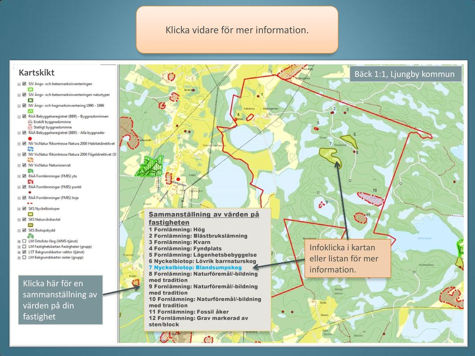 Blästbrukslämning 3 Fornlämning: Kvarn 4 Fornlämning: Fyndplats 5 Fornlämning: Lägenhetsbebyggelse 6 Nyckelbiotop: Lövrik barrnaturskog 7 Nyckelbiotop: