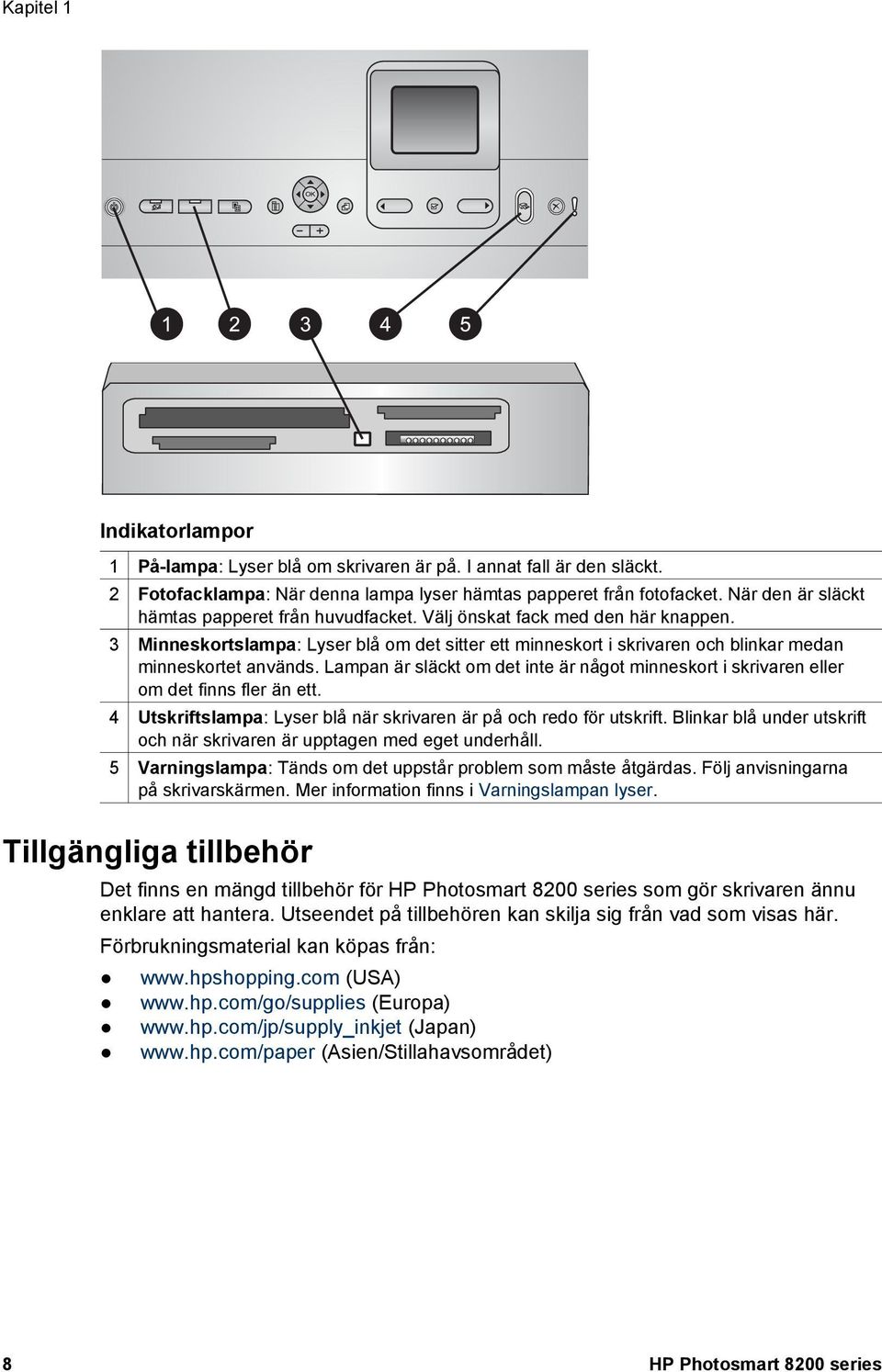 Lampan är släckt om det inte är något minneskort i skrivaren eller om det finns fler än ett. 4 Utskriftslampa: Lyser blå när skrivaren är på och redo för utskrift.