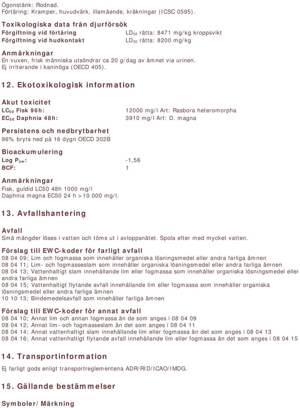 20 g/dag av ämnet via urinen. Ej irriterande i kaninöga (OECD 405). 12.