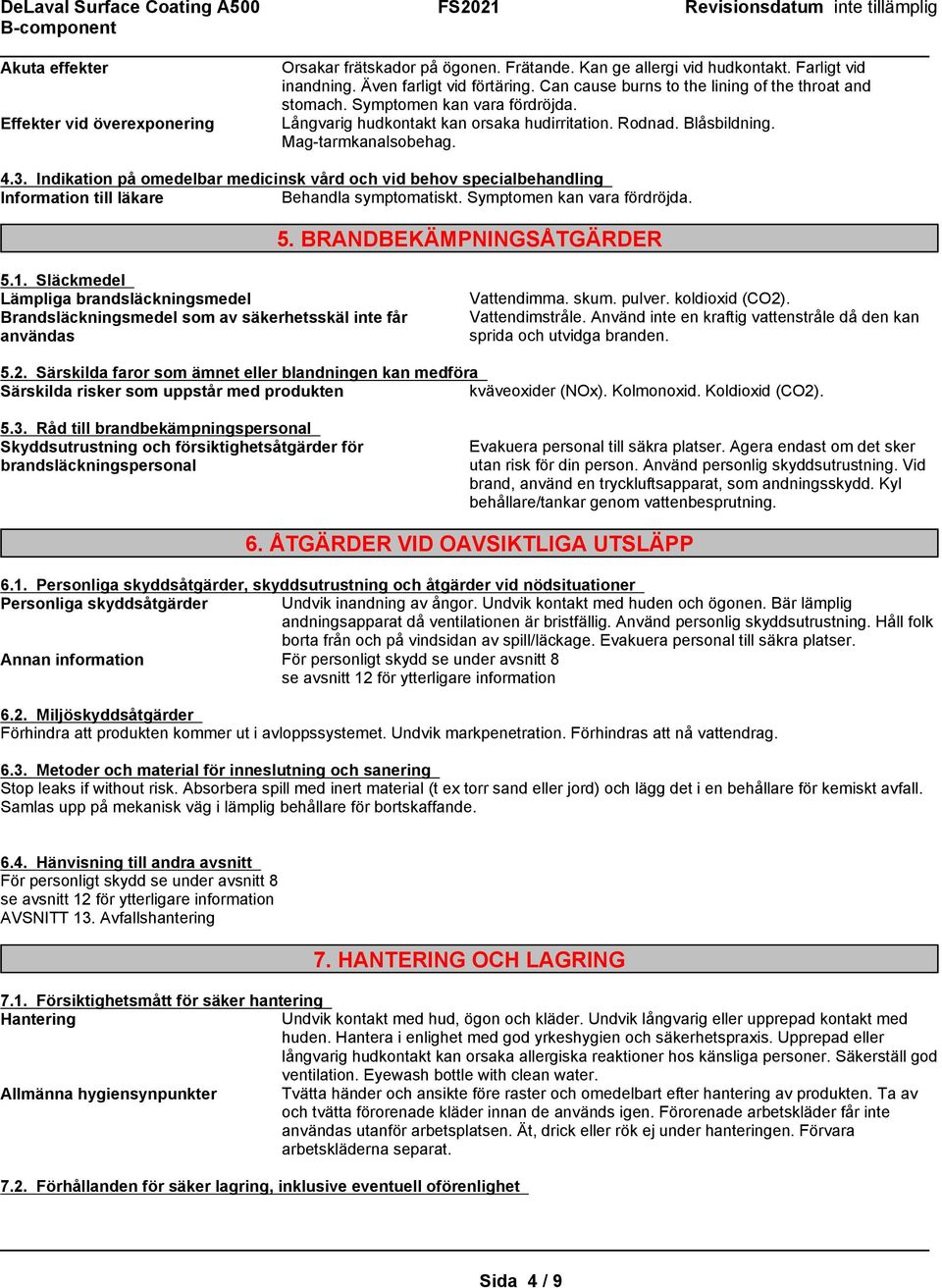 Indikation på omedelbar medicinsk vård och vid behov specialbehandling Information till läkare Behandla symptomatiskt. Symptomen kan vara fördröjda. 5. BRANDBEKÄMPNINGSÅTGÄRDER 5.1.