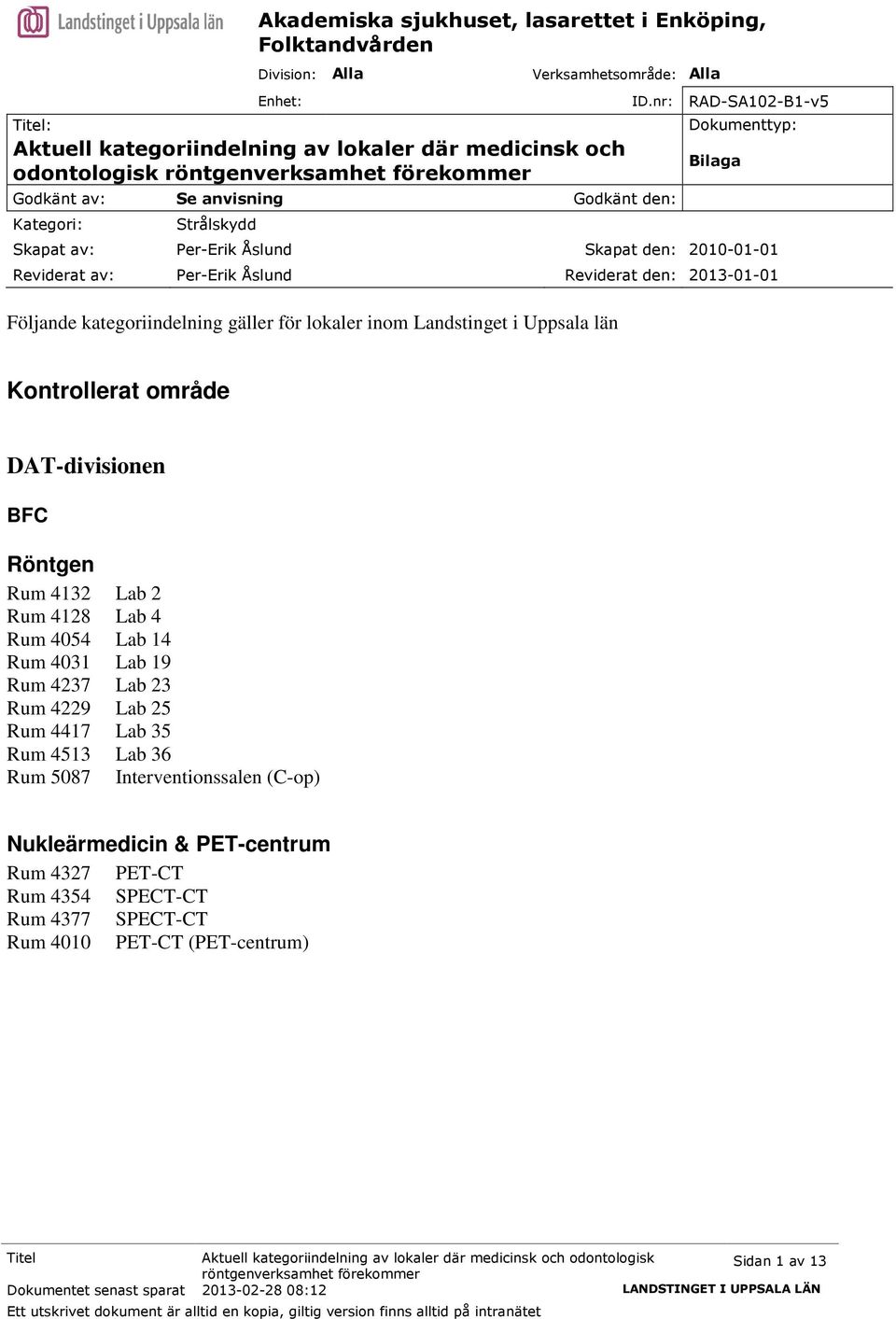 nr: RAD-SA102-B1-v5 Dokumenttyp: Bilaga Skapat av: Per-Erik Åslund Skapat den: 2010-01-01 Reviderat av: Per-Erik Åslund Reviderat den: 2013-01-01 Följande kategoriindelning gäller för lokaler inom