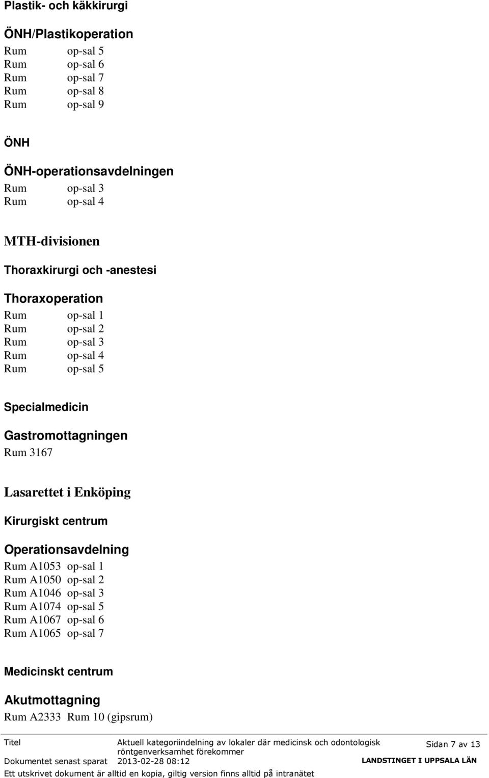 Gastromottagningen Rum 3167 Lasarettet i Enköping Kirurgiskt centrum Operationsavdelning Rum A1053 op-sal 1 Rum A1050 op-sal 2 Rum A1046 op-sal 3 Rum A1074 op-sal