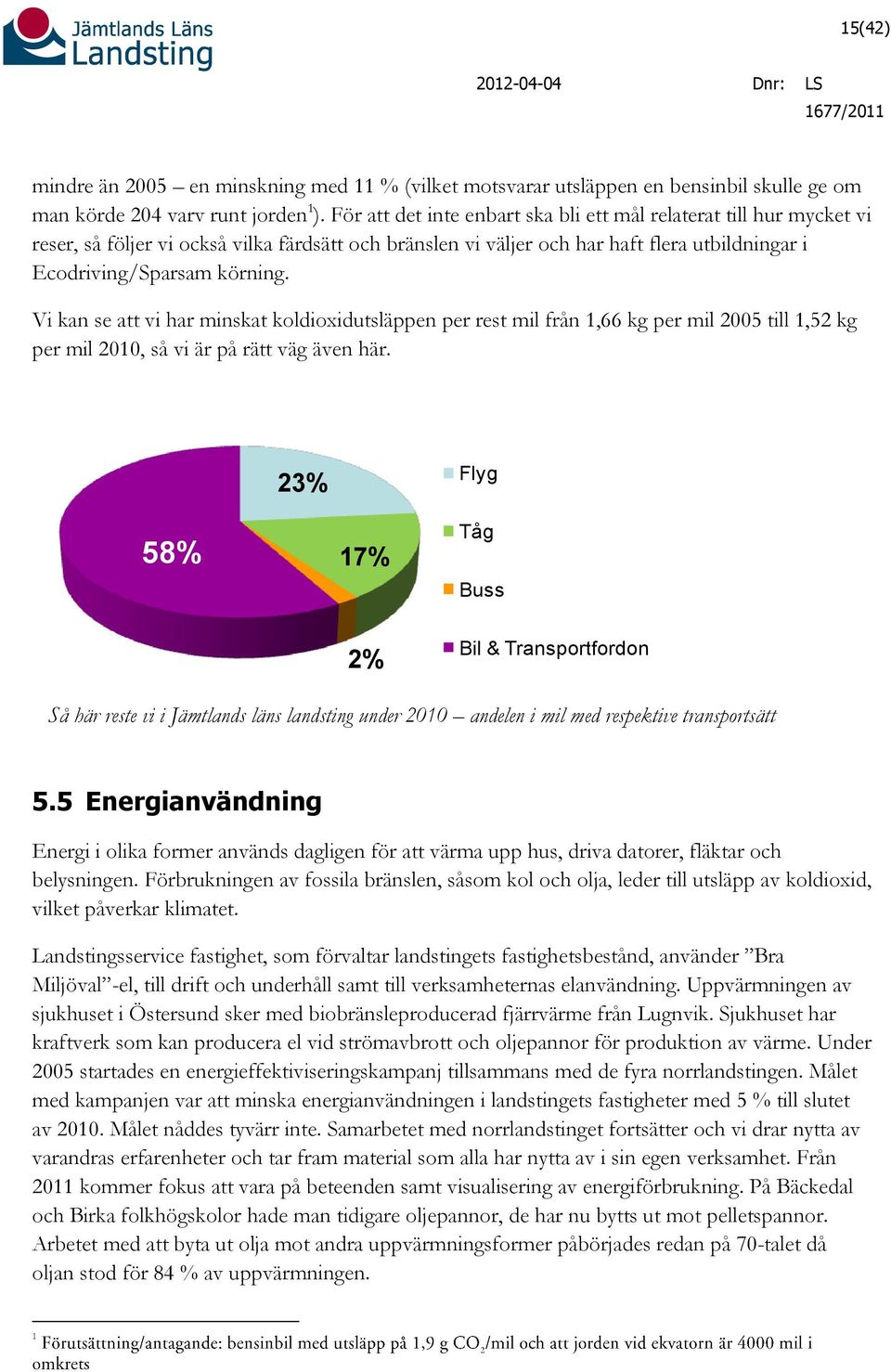 Vi kan se att vi har minskat koldioxidutsläppen per rest mil från 1,66 kg per mil 2005 till 1,52 kg per mil 2010, så vi är på rätt väg även här.