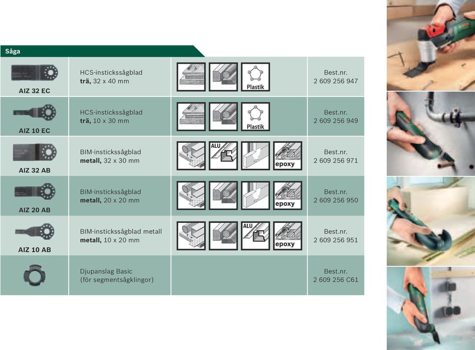 32 x 30 mm 2 609 256 971 AIZ 20 AB BIM-instickssågblad metall, 20 x 20 mm 2 609 256 950 AIZ 10 AB
