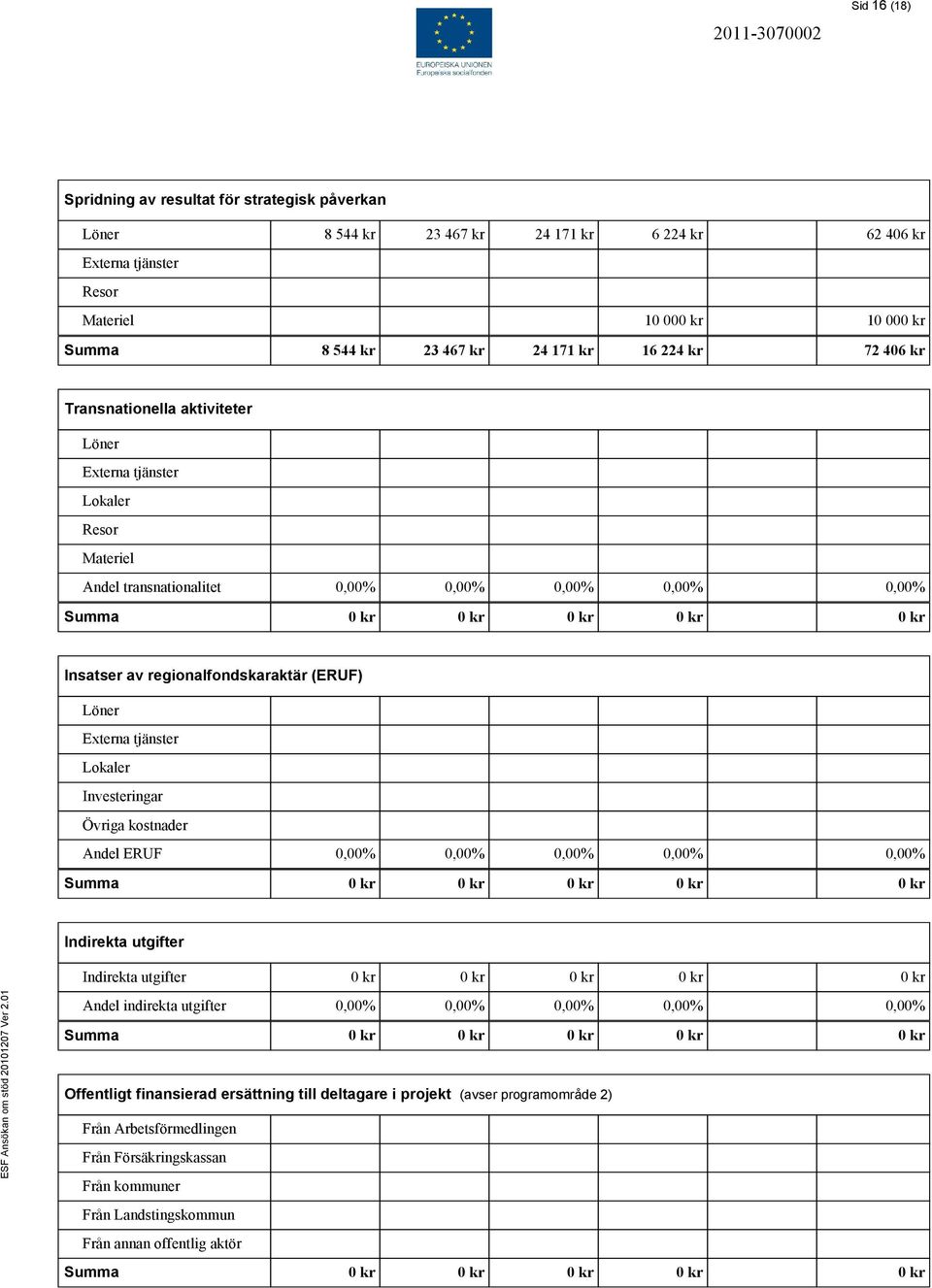 regionalfondskaraktär (ERUF) Löner Externa tjänster Lokaler Investeringar Övriga kostnader Andel ERUF 0,00% 0,00% 0,00% 0,00% 0,00% Summa 0 kr 0 kr 0 kr 0 kr 0 kr Indirekta utgifter Indirekta