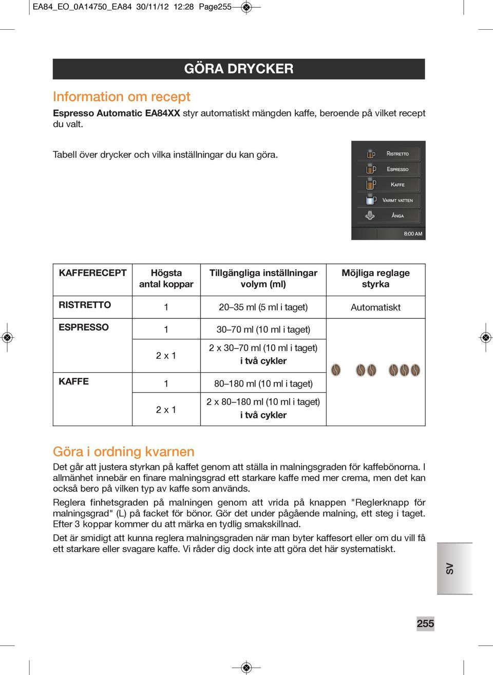 KAFFERECEPT Högsta antal koppar Tillgängliga inställningar volym (ml) Möjliga reglage styrka RISTRETTO 1 20 35 ml (5 ml i taget) Automatiskt ESPRESSO 1 2 x 1 KAFFE 1 2 x 1 30 70 ml (10 ml i taget) 2