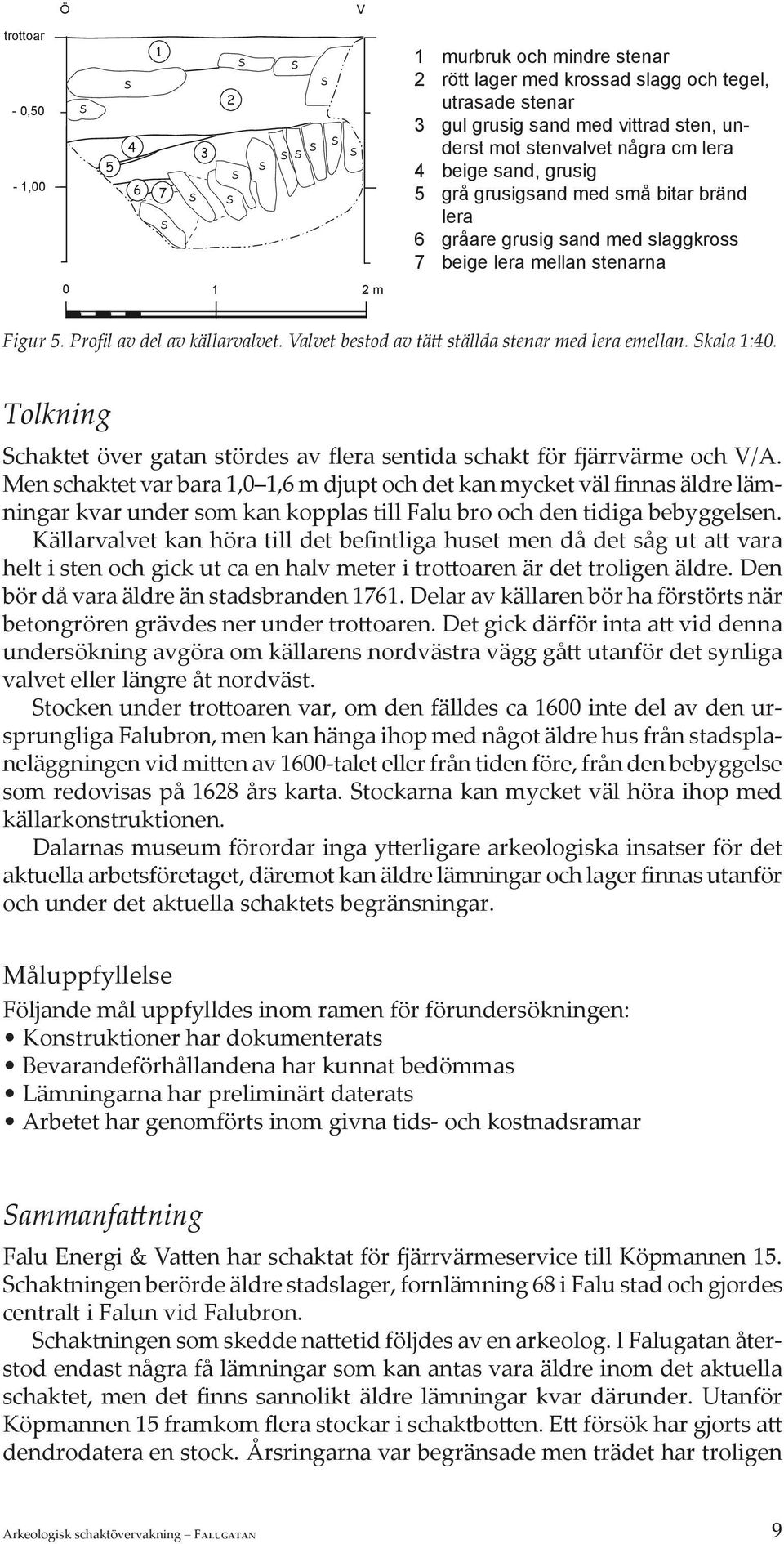 Valvet bestod av tätt ställda stenar med lera emellan. Skala 1:40. Tolkning Schaktet över gatan stördes av flera sentida schakt för fjärrvärme och V/A.