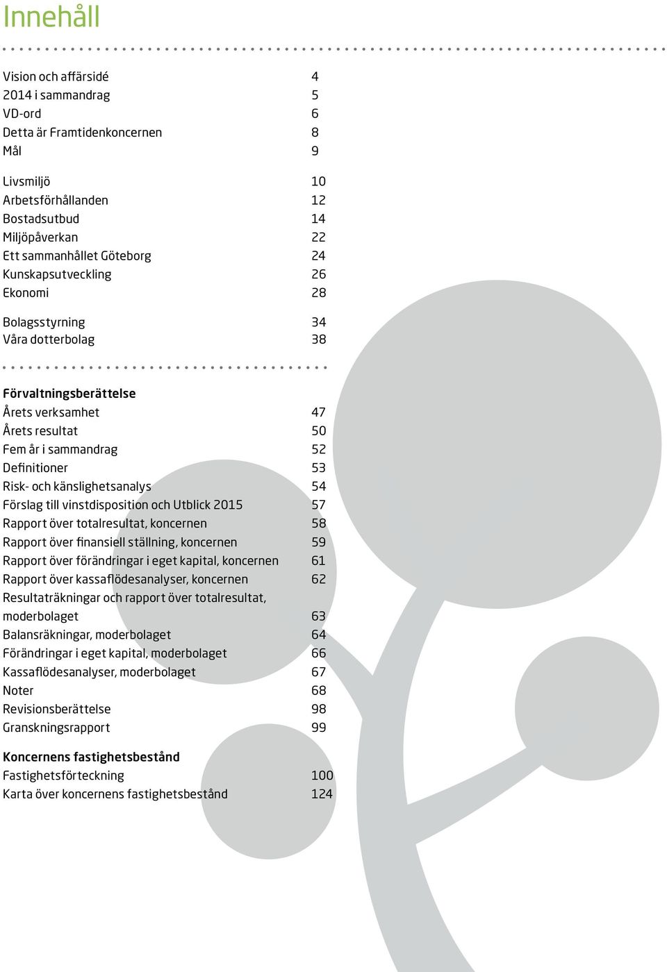 54 Förslag till vinstdisposition och Utblick 2015 57 Rapport över totalresultat, koncernen 58 Rapport över finansiell ställning, koncernen 59 Rapport över förändringar i eget kapital, koncernen 61