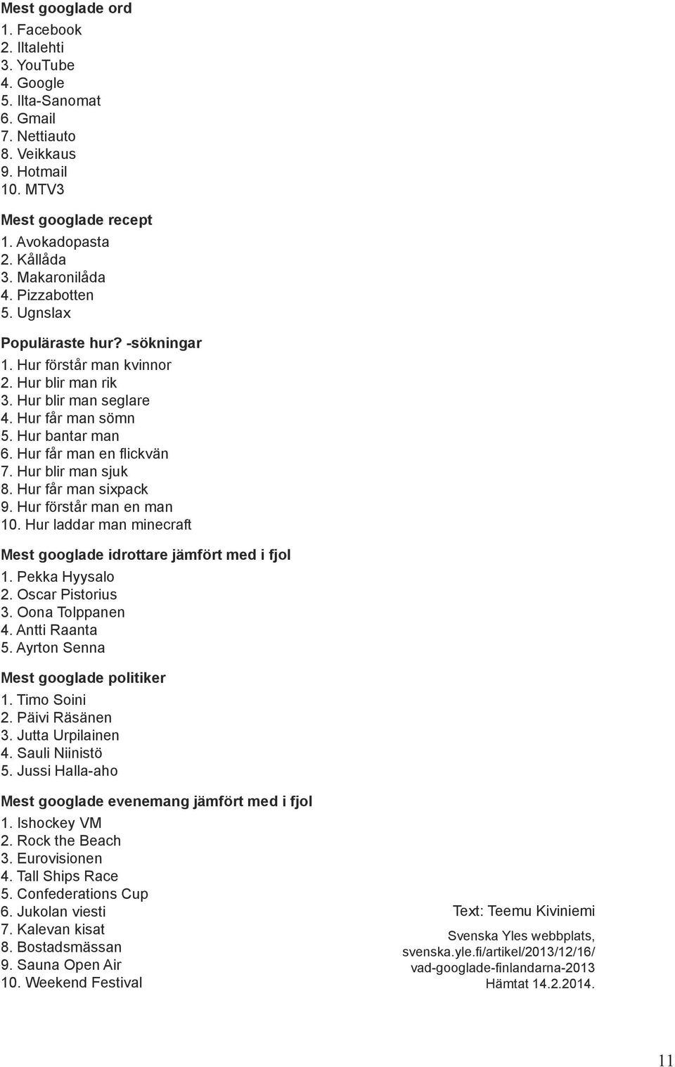 Hur blir man sjuk 8. Hur får man sixpack 9. Hur förstår man en man 10. Hur laddar man minecraft Mest googlade idrottare jämfört med i fjol 1. Pekka Hyysalo 2. Oscar Pistorius 3. Oona Tolppanen 4.