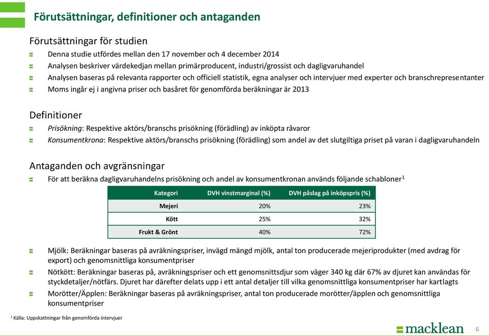 priser och basåret för genomförda beräkningar är 201 Definitioner Prisökning: Respektive aktörs/branschs prisökning (förädling) av inköpta råvaror Konsumentkrona: Respektive aktörs/branschs