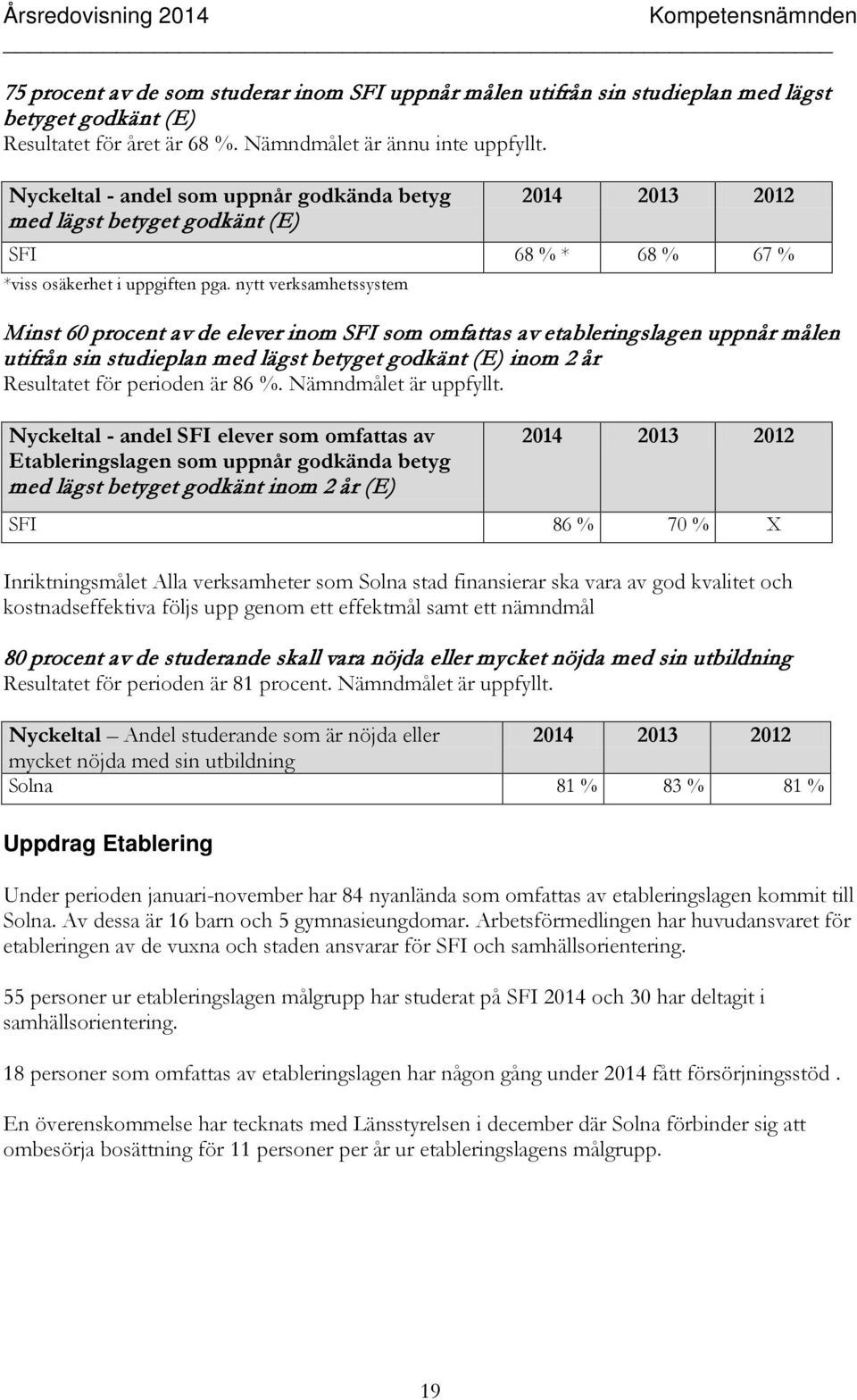 nytt verksamhetssystem Minst 60 procent av de elever inom SFI som omfattas av etableringslagen uppnår målen utifrån sin studieplan med lägst betyget godkänt (E) inom 2 år Resultatet för perioden är