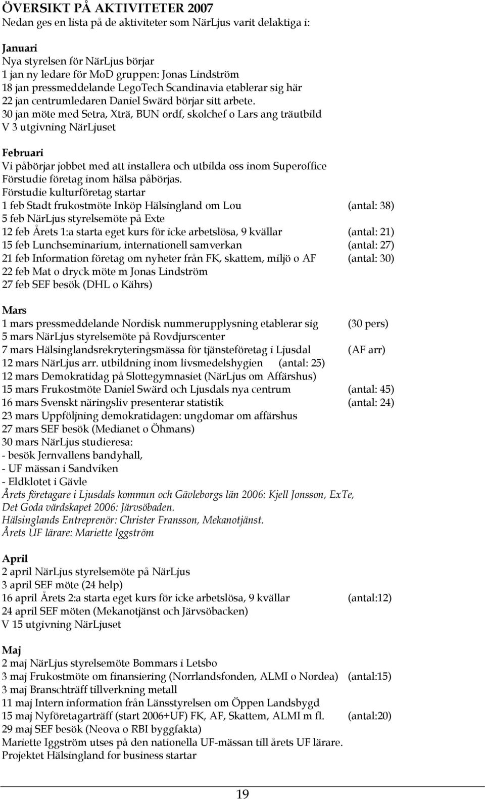 30 jan möte med Setra, Xträ, BUN ordf, skolchef o Lars ang träutbild V 3 utgivning NärLjuset Februari Vi påbörjar jobbet med att installera och utbilda oss inom Superoffice Förstudie företag inom