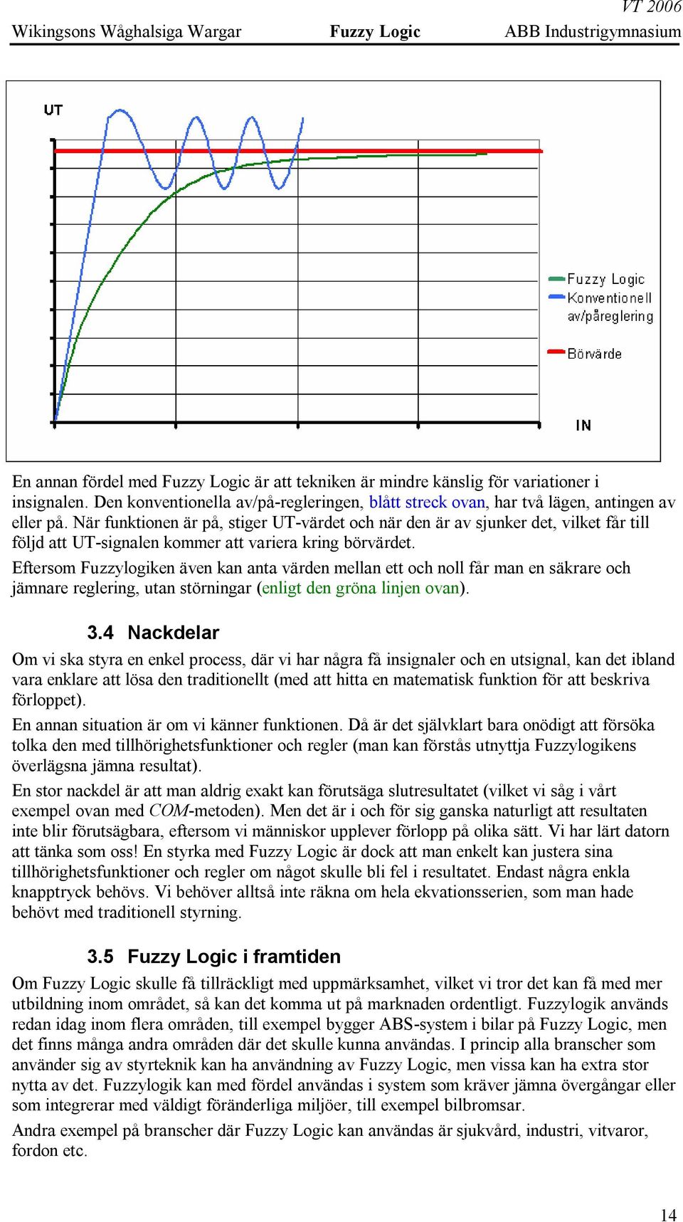 Eftersom Fuzzylogiken även kan anta värden mellan ett och noll får man en säkrare och jämnare reglering, utan störningar (enligt den gröna linjen ovan). 3.