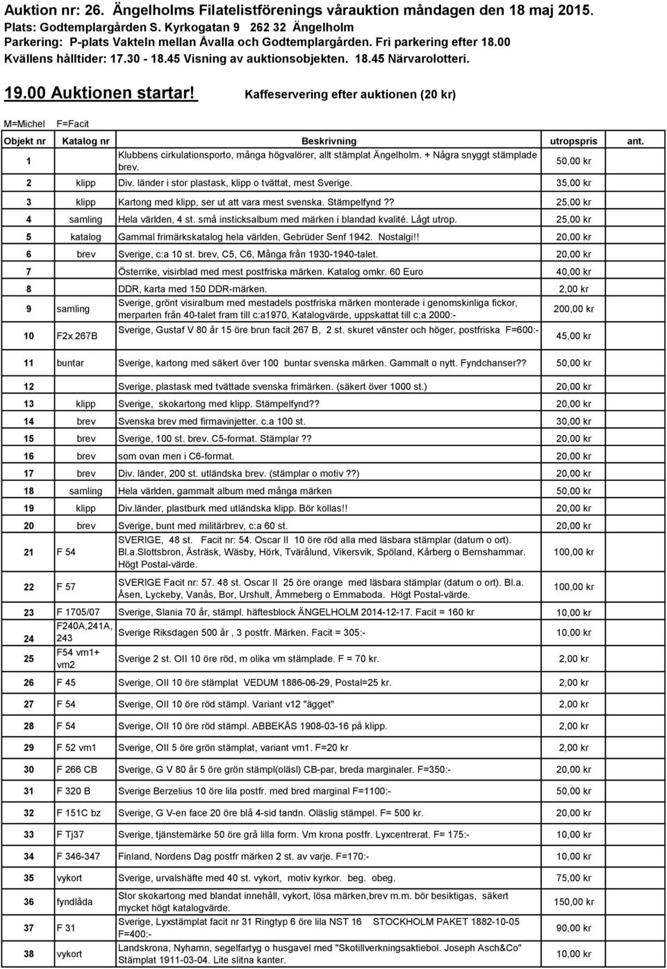 19.00 Auktionen startar! Kaffeservering efter auktionen (20 kr) M=Michel F=Facit Objekt nr Katalog nr Beskrivning utropspris ant.