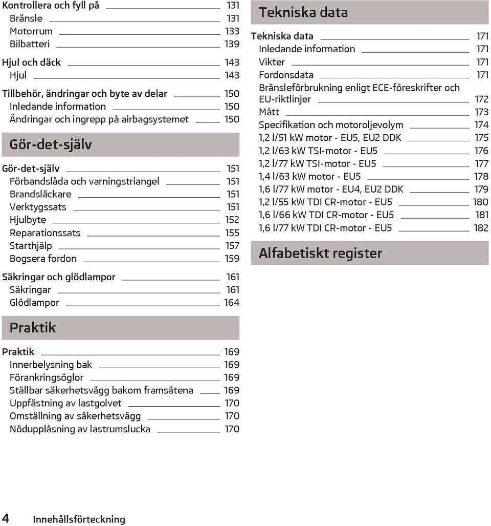 glödlampor 161 Skringar 161 Glödlampor 164 Tekniska data Tekniska data 171 Inledande information 171 Vikter 171 Fordonsdata 171 Brnsleförbrukning enligt ECE-föreskrifter och EU-riktlinjer 172 Mått