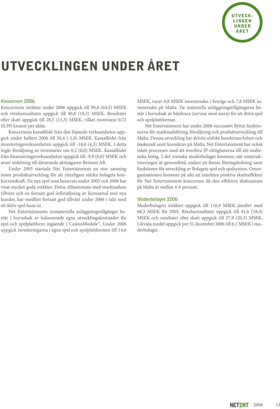 Koncernens kassaflöde från den löpande verksamheten uppgick under helåret 2006 till 36,4 (-1,0) MSEK. Kassaflödet från investeringsverksamheten uppgick till -18,6 (4,3) MSEK.