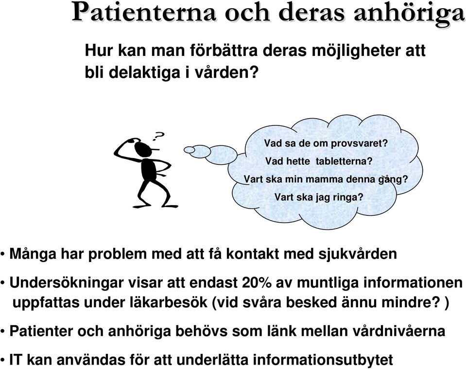 Många har problem med att få kontakt med sjukvården Undersökningar visar att endast 20% av muntliga informationen