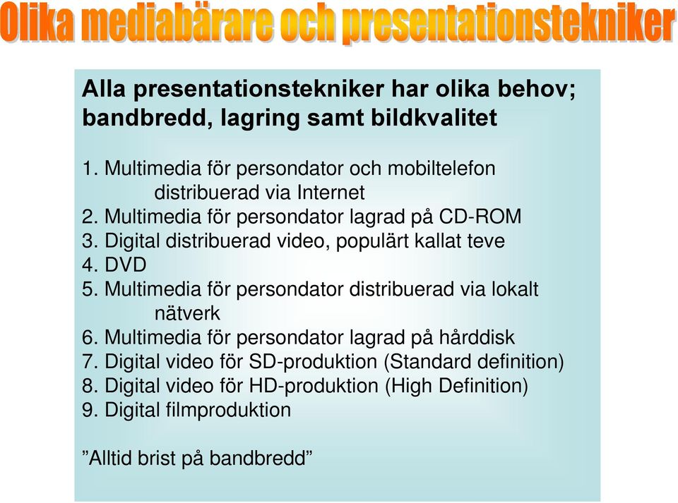 Digital distribuerad video, populärt kallat teve 4. DVD 5. Multimedia för persondator distribuerad via lokalt nätverk 6.