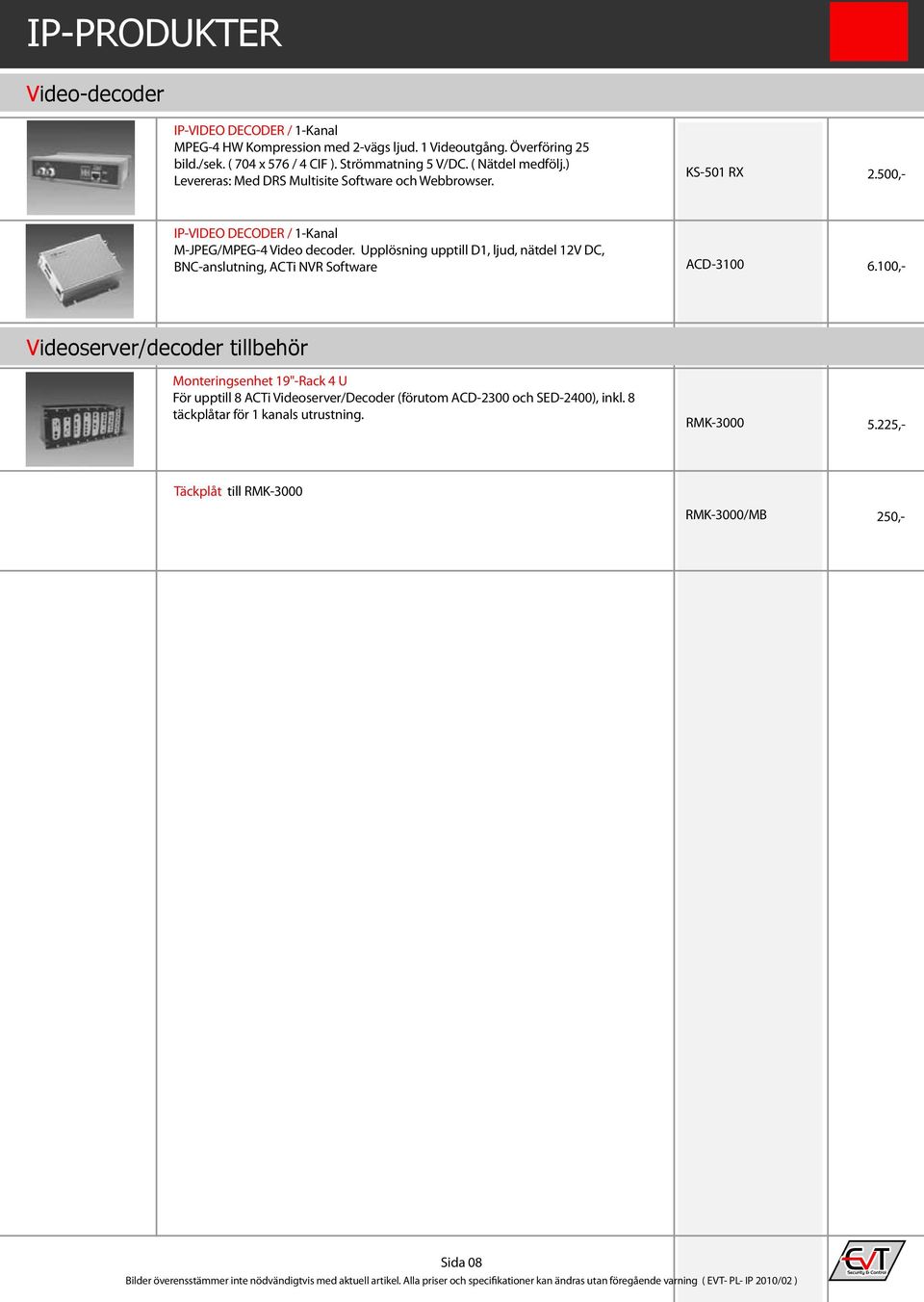 500,- IP-VIDEO DECODER / 1-Kanal M-JPEG/MPEG-4 Video decoder. Upplösning upptill D1, ljud, nätdel 12V DC, BNC-anslutning, ACTi NVR Software ACD-3100 6.