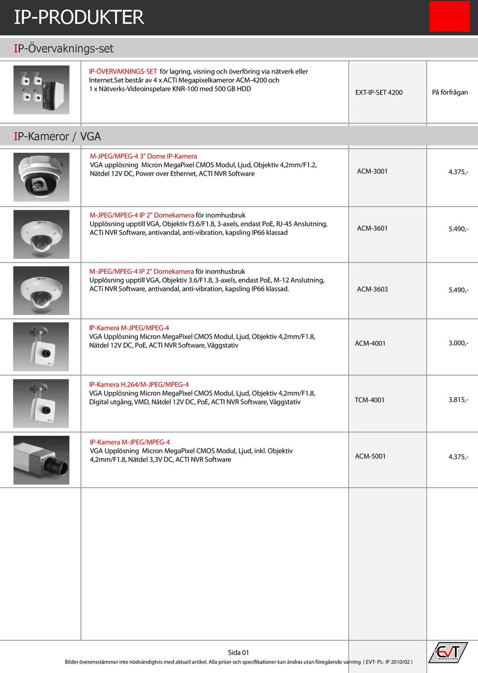 MegaPixel CMOS Modul, Ljud, Objektiv 4,2mm/F1.2, Nätdel 12V DC, Power over Ethernet, ACTI NVR Software ACM-3001 4.