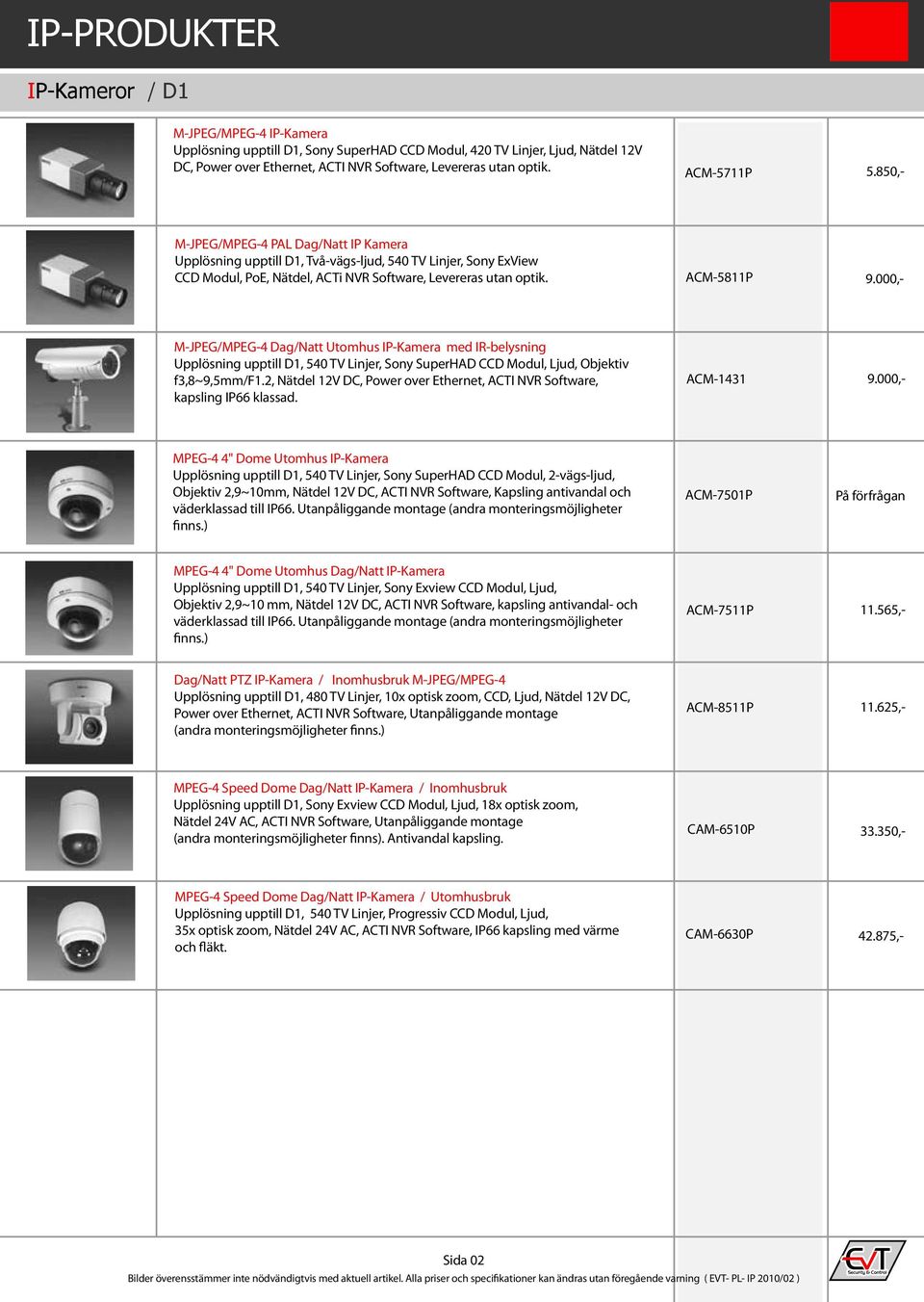 000,- M-JPEG/MPEG-4 Dag/Natt Utomhus IP-Kamera med IR-belysning Upplösning upptill D1, 540 TV Linjer, Sony SuperHAD CCD Modul, Ljud, Objektiv f3,8~9,5mm/f1.