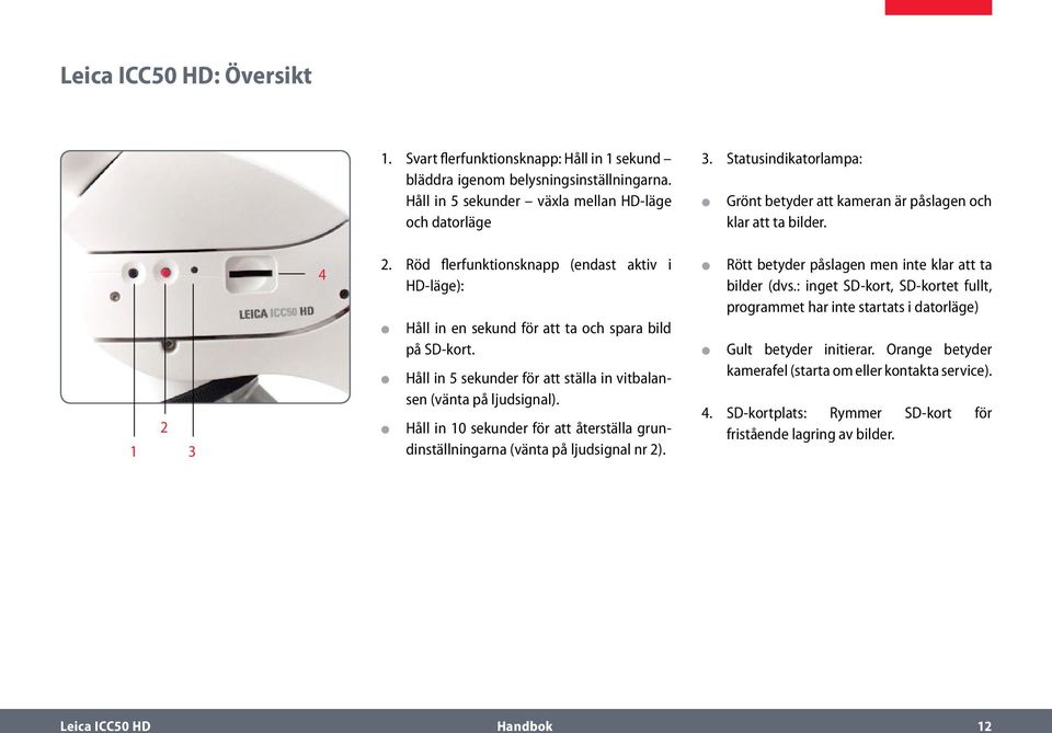 Håll in 5 sekunder för att ställa in vitbalansen (vänta på ljudsignal). Håll in 10 sekunder för att återställa grundinställningarna (vänta på ljudsignal nr 2).