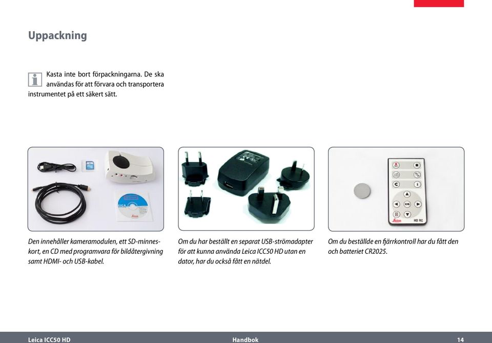 Den innehåller kameramodulen, ett SD-minneskort, en CD med programvara för bildåtergivning samt HDMI- och USB-kabel.